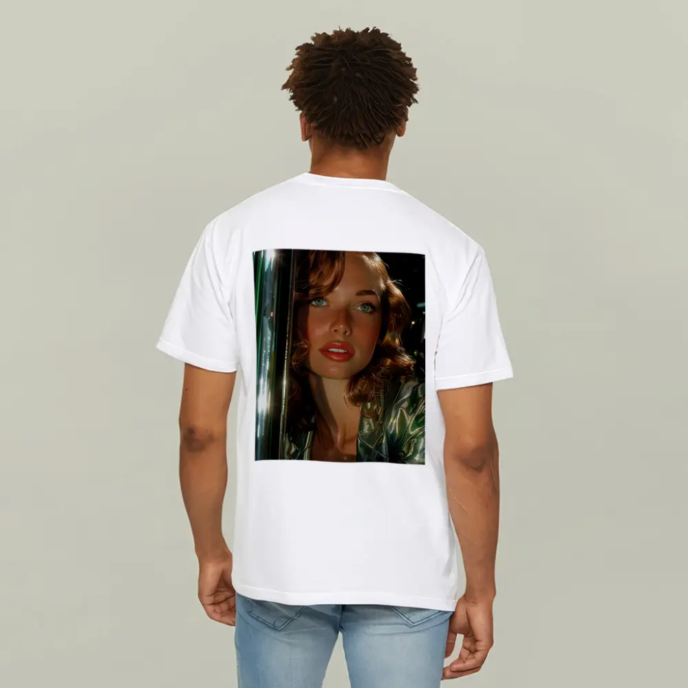 Green Eyed Woman Metallic Jacket Neon Background – T-Shirts