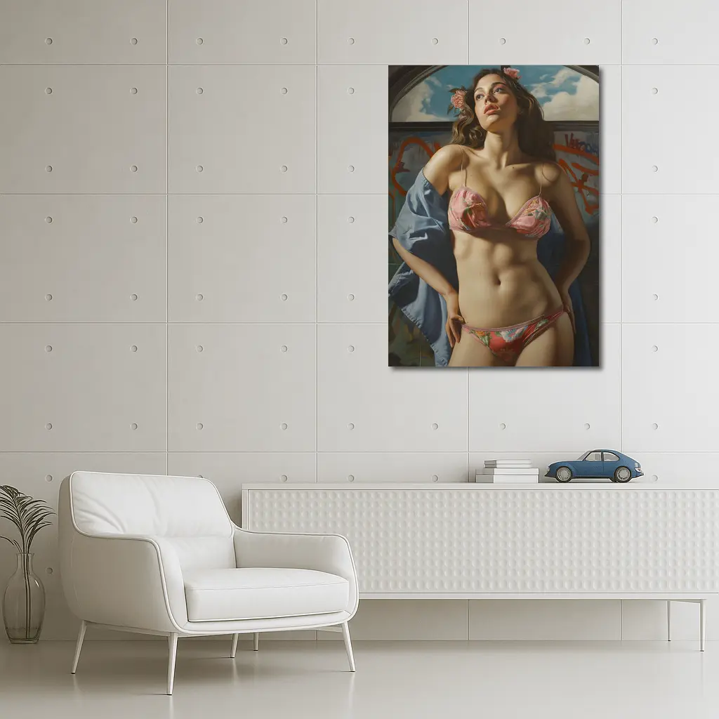 Woman in Floral Bikini Graffiti Background Art – Wall Art