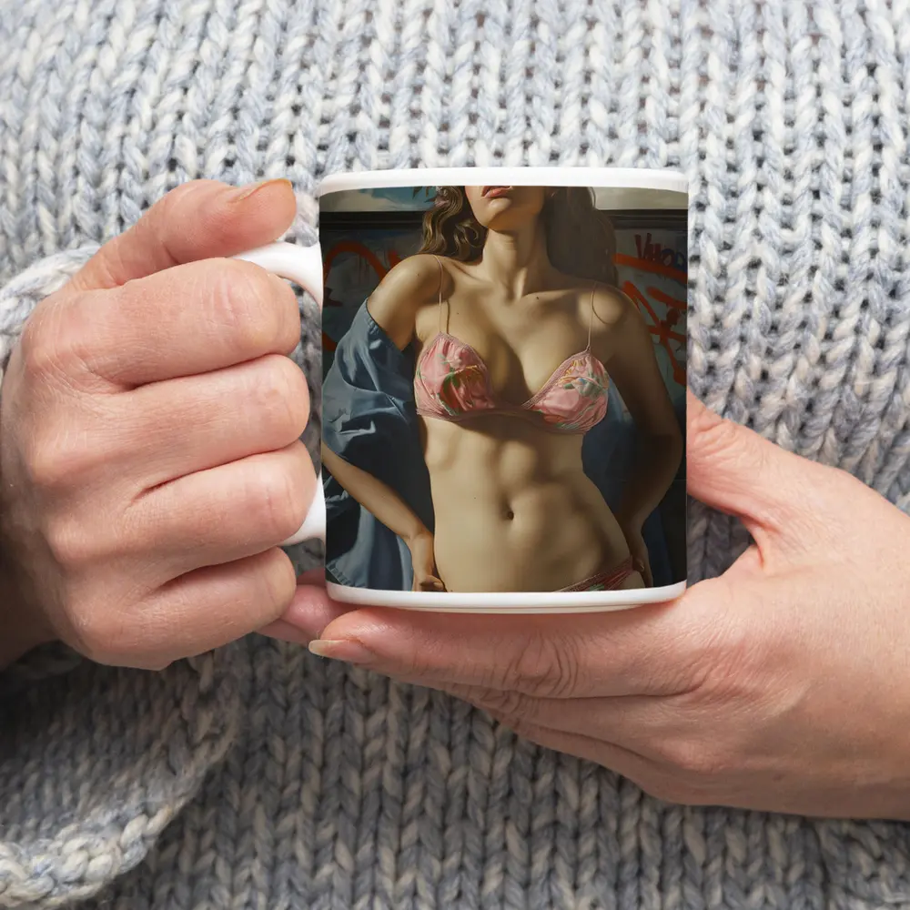 Woman in Floral Bikini Graffiti Background Art – Mugs