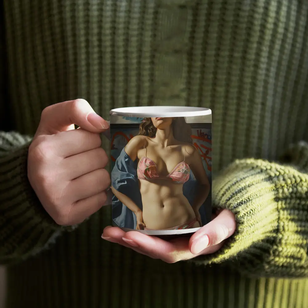 Woman in Floral Bikini Graffiti Background Art – Mugs