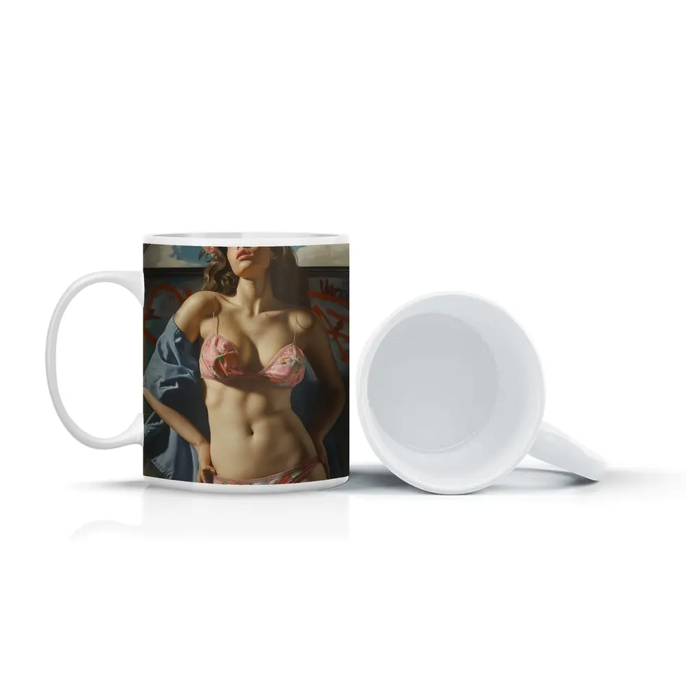 Woman in Floral Bikini Graffiti Background Art – Mugs