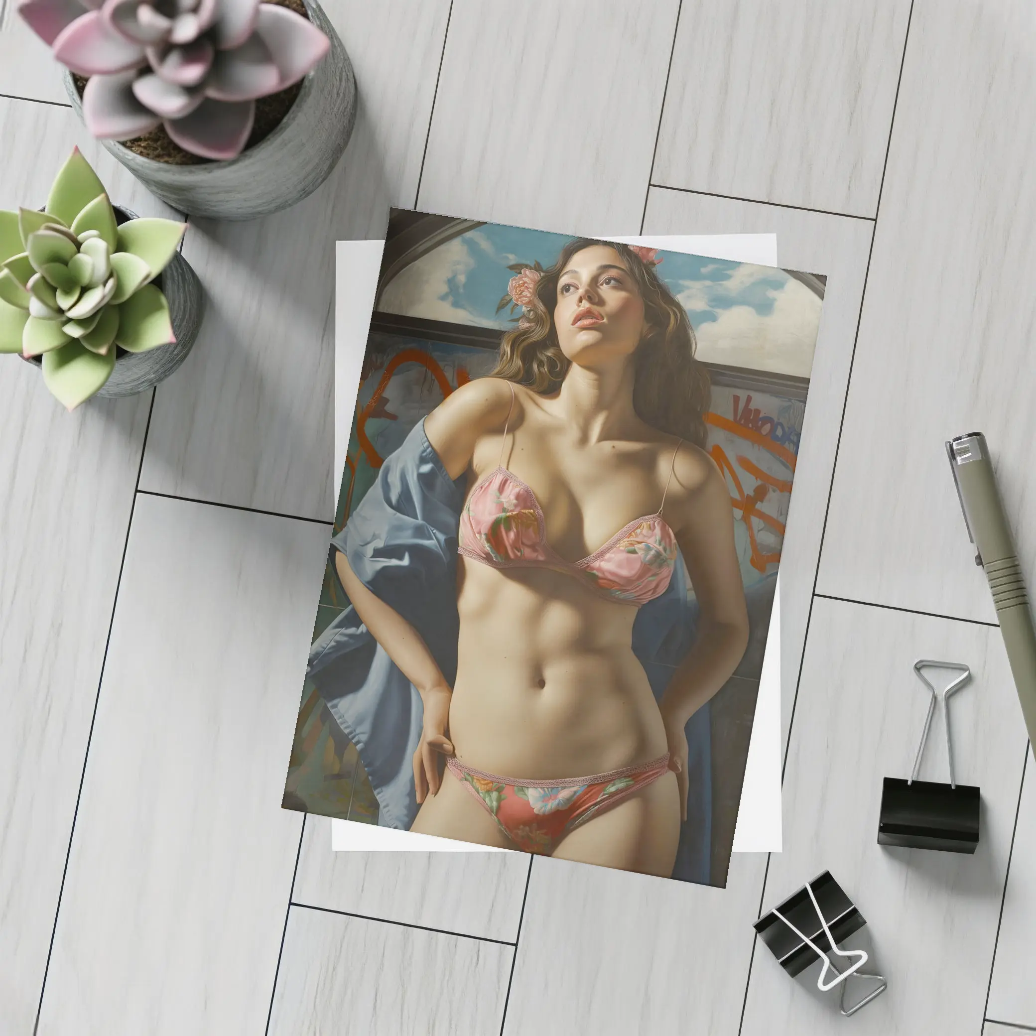 Woman in Floral Bikini Graffiti Background Art – Postcards