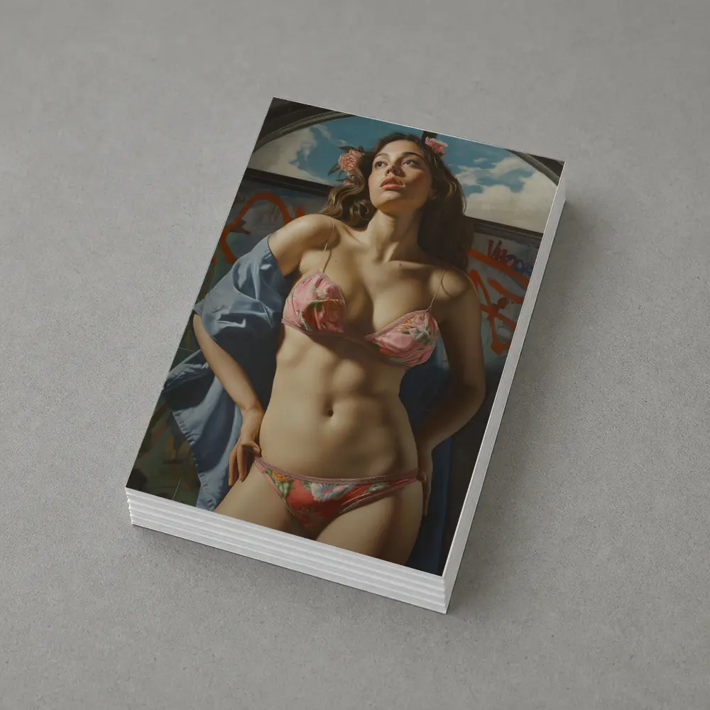 Woman in Floral Bikini Graffiti Background Art – Postcards