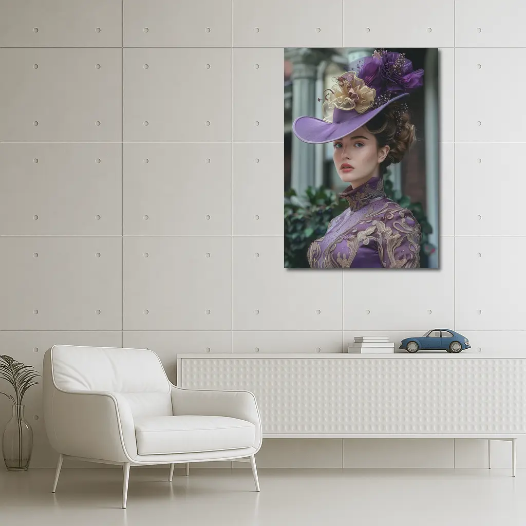 Victorian Woman Purple Hat Gold Embroidery – Wall Art