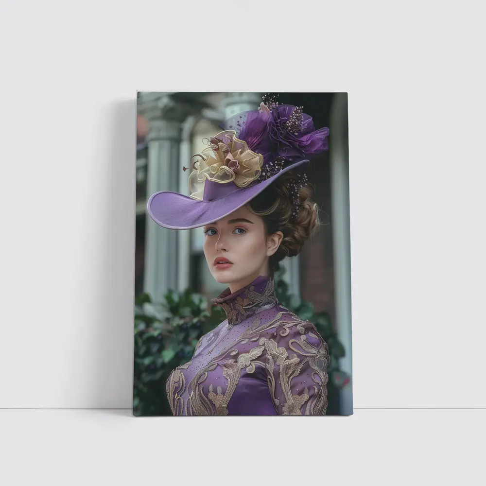 Victorian Woman Purple Hat Gold Embroidery – Wall Art
