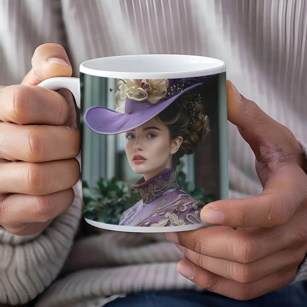 Victorian Woman Purple Hat Gold Embroidery – Mugs