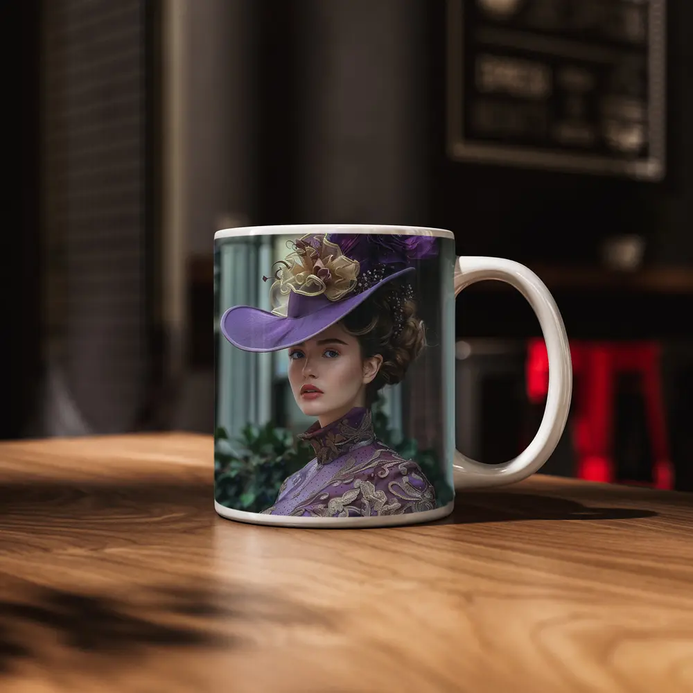 Victorian Woman Purple Hat Gold Embroidery – Mugs