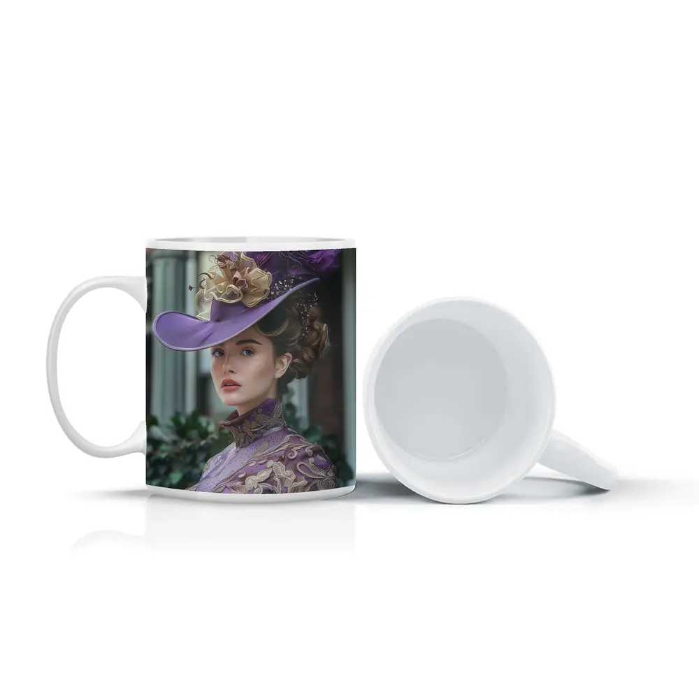 Victorian Woman Purple Hat Gold Embroidery – Mugs