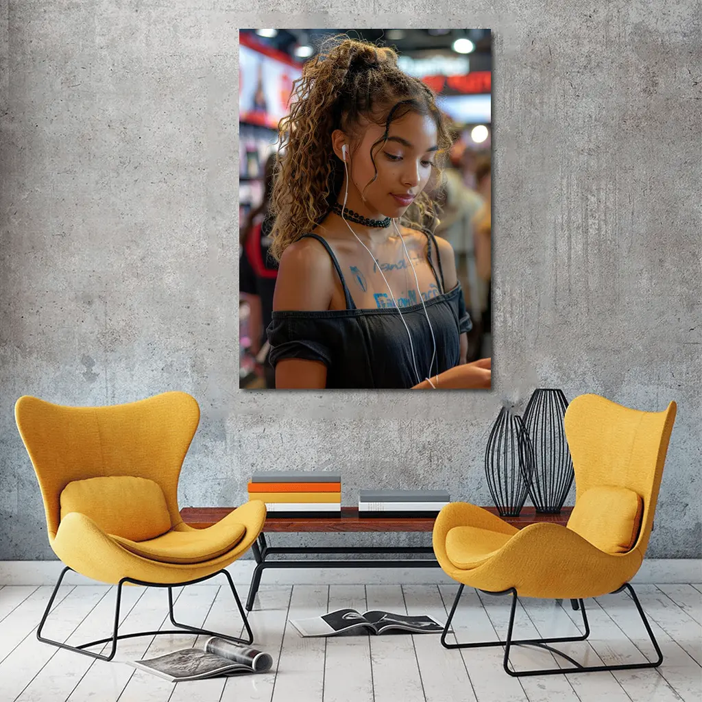 Young Woman With Earphones Tattoos Store Background – Wall Art