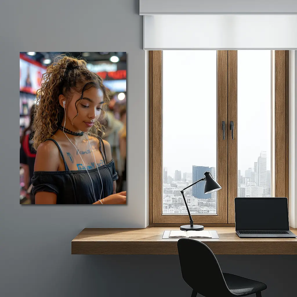 Young Woman With Earphones Tattoos Store Background – Wall Art