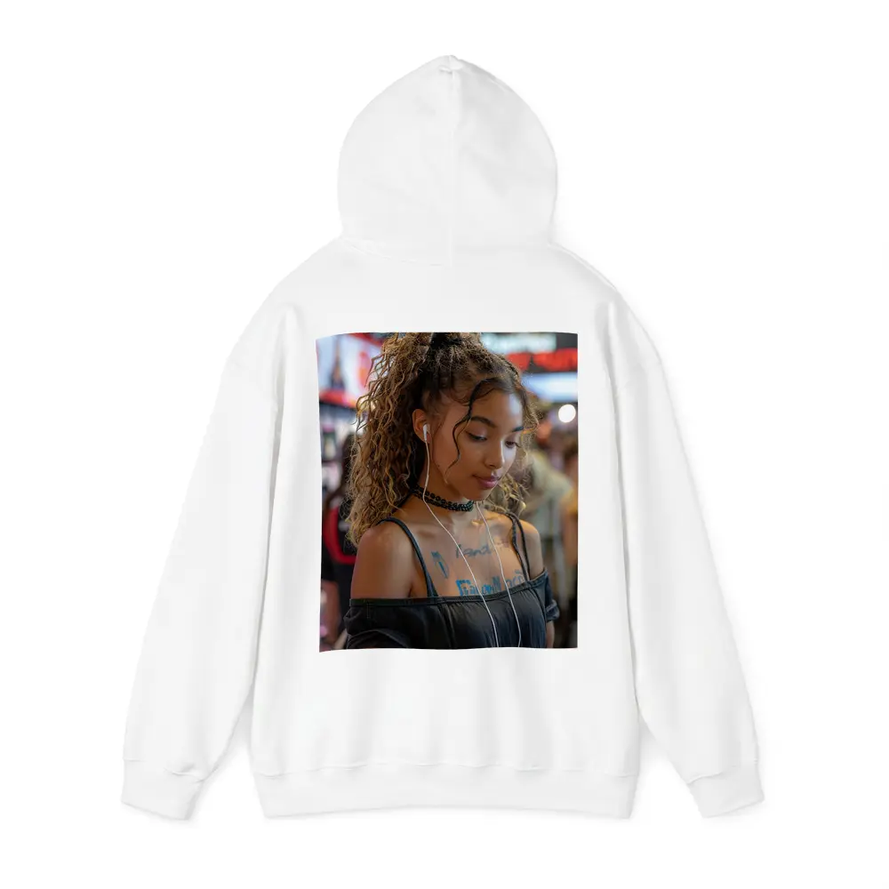 Young Woman With Earphones Tattoos Store Background – Hoodies