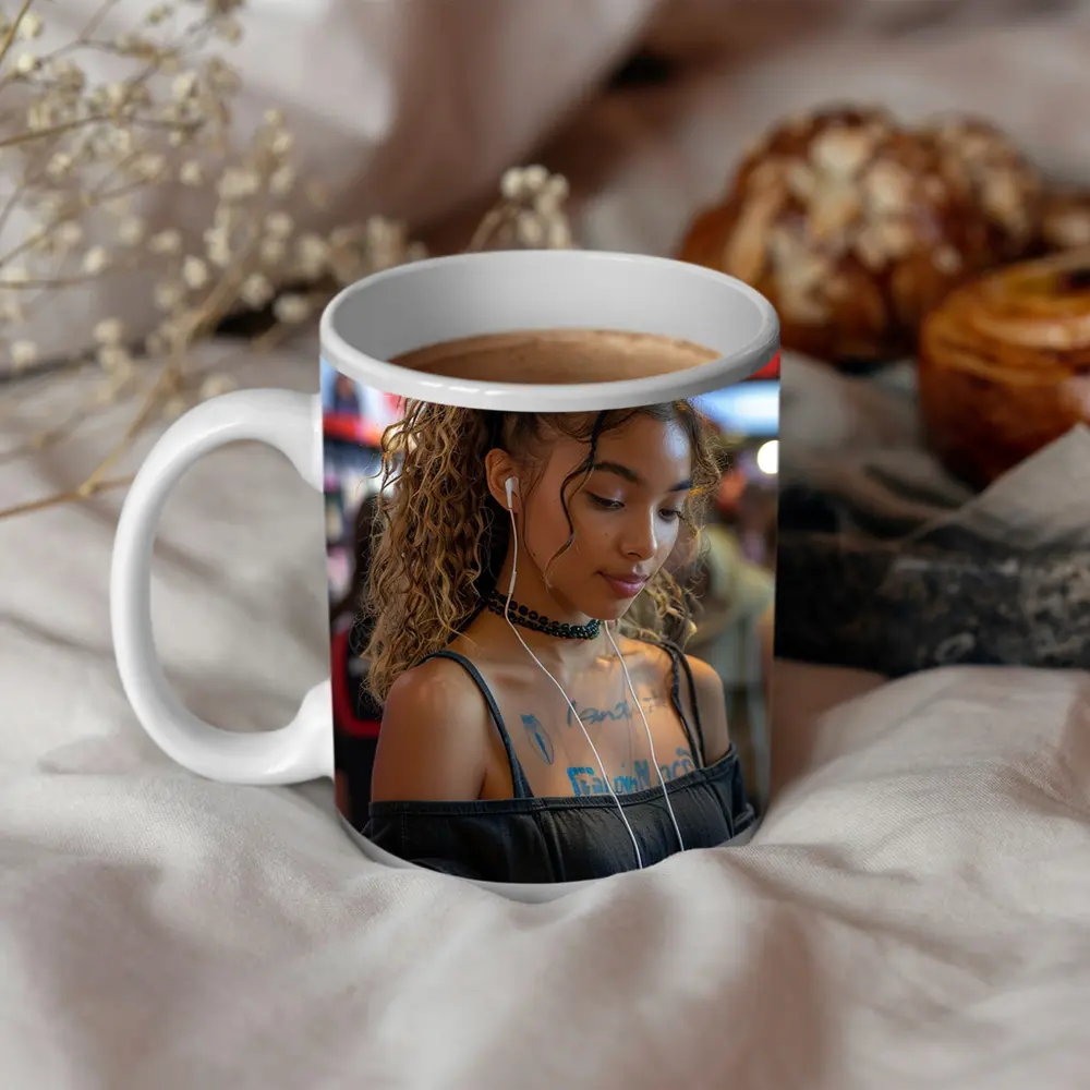 Young Woman With Earphones Tattoos Store Background – Mugs