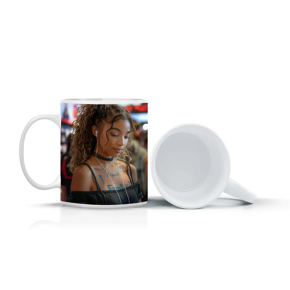 Young Woman With Earphones Tattoos Store Background – Mugs