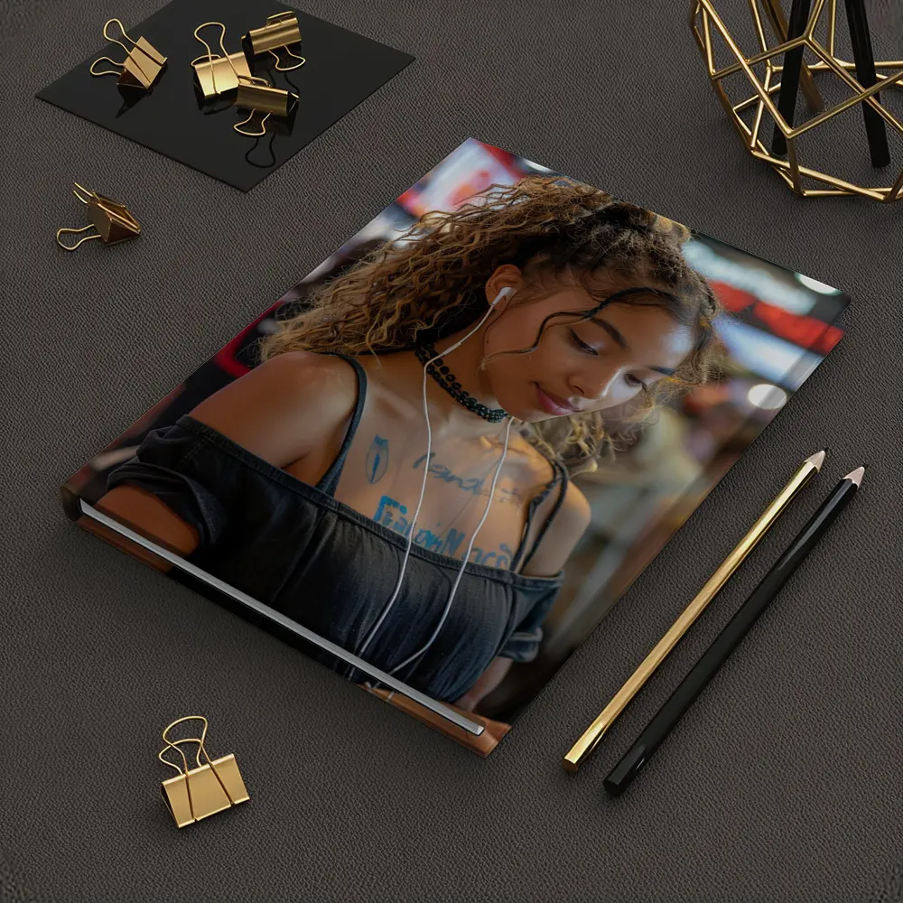 Young Woman With Earphones Tattoos Store Background – Notebooks