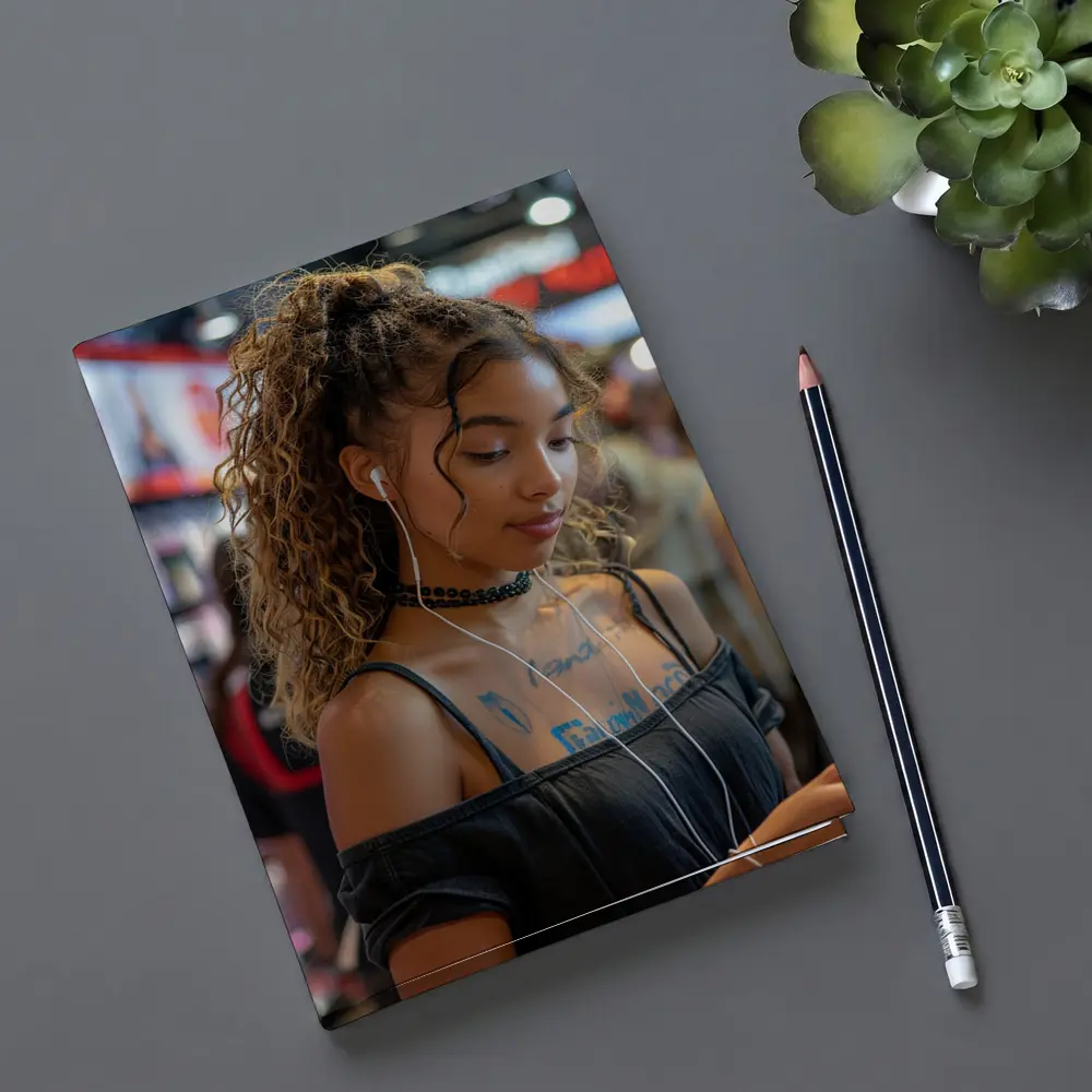 Young Woman With Earphones Tattoos Store Background – Notebooks