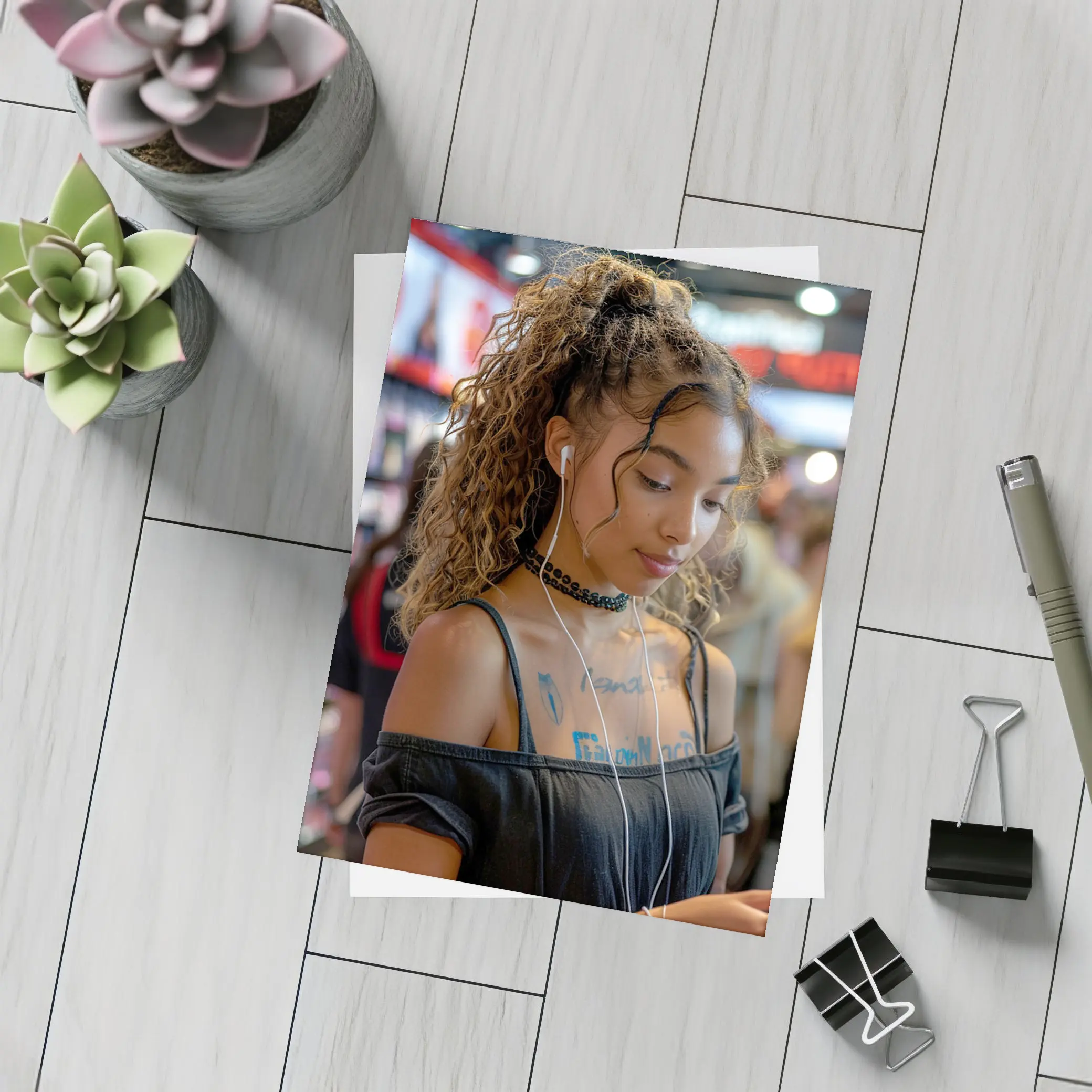 Young Woman With Earphones Tattoos Store Background – Postcards