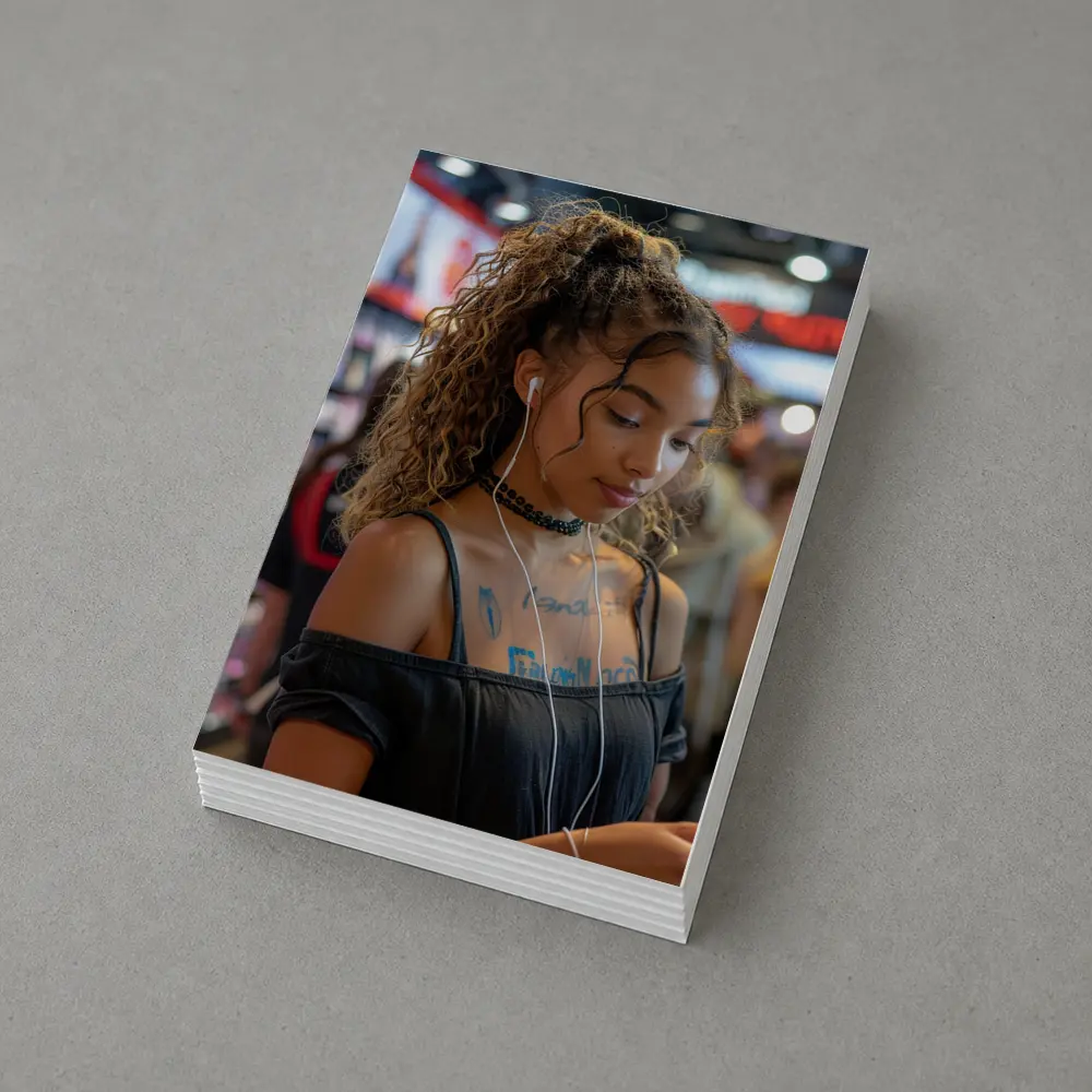 Young Woman With Earphones Tattoos Store Background – Postcards