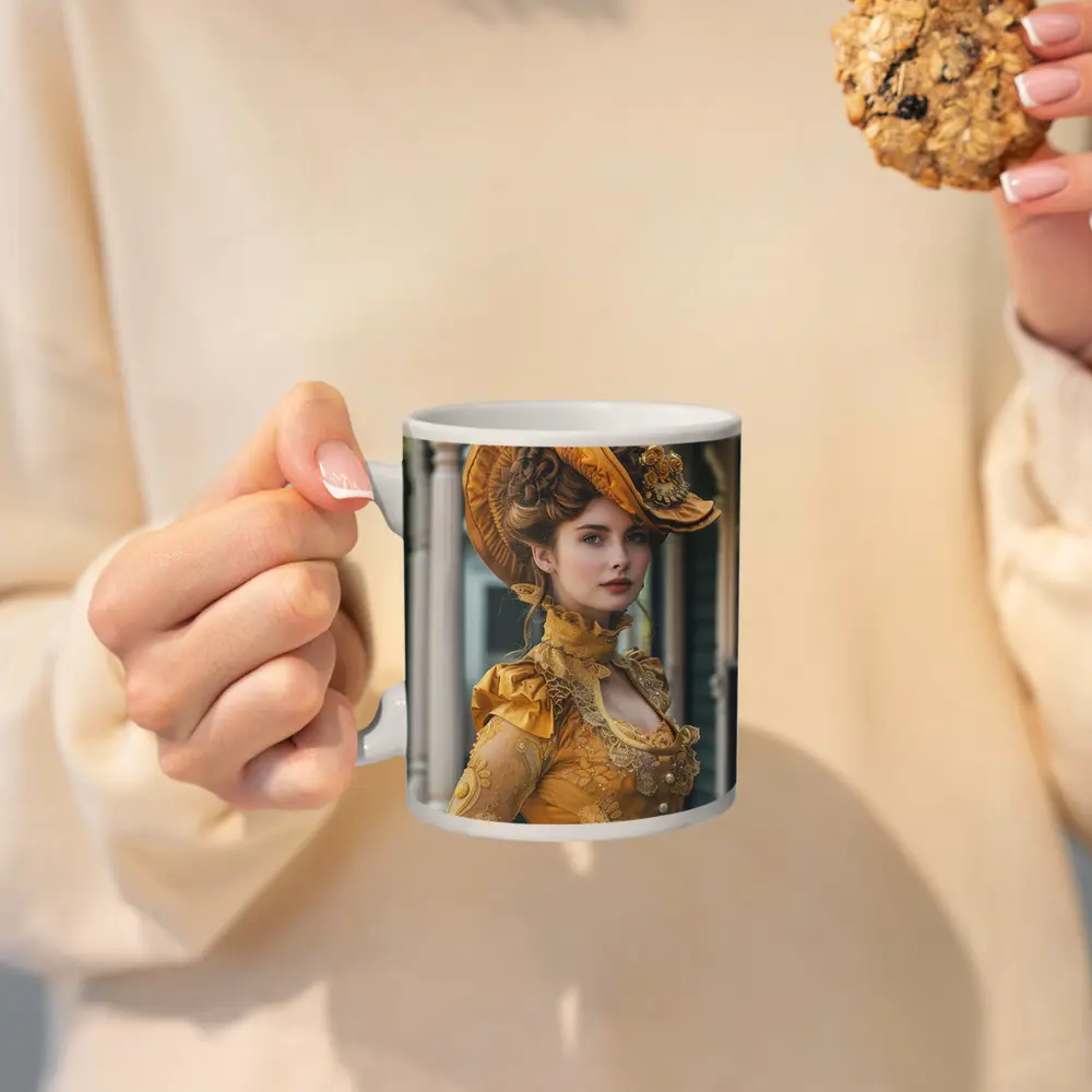 Victorian Woman Gold Dress Ornate Hat – Mugs