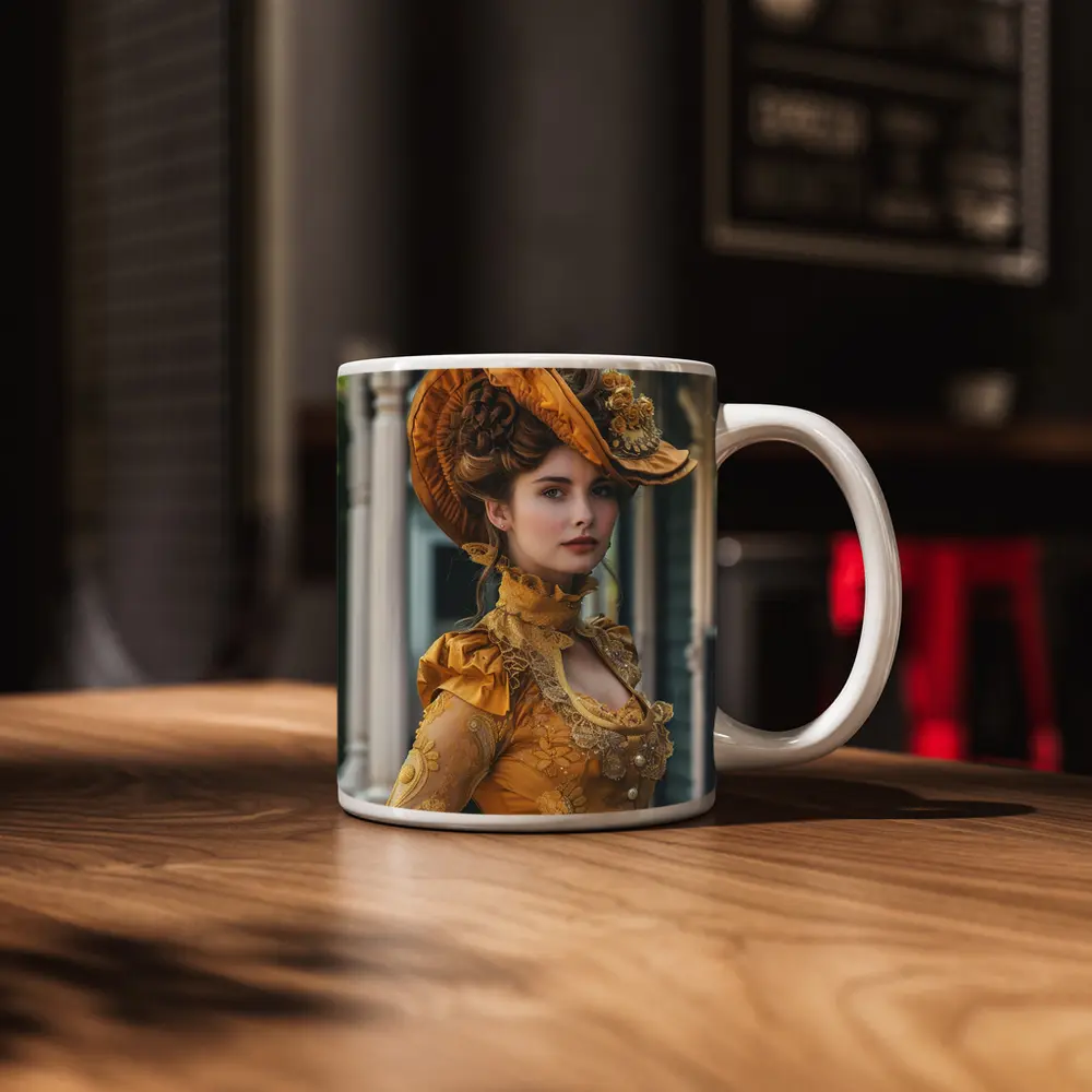Victorian Woman Gold Dress Ornate Hat – Mugs