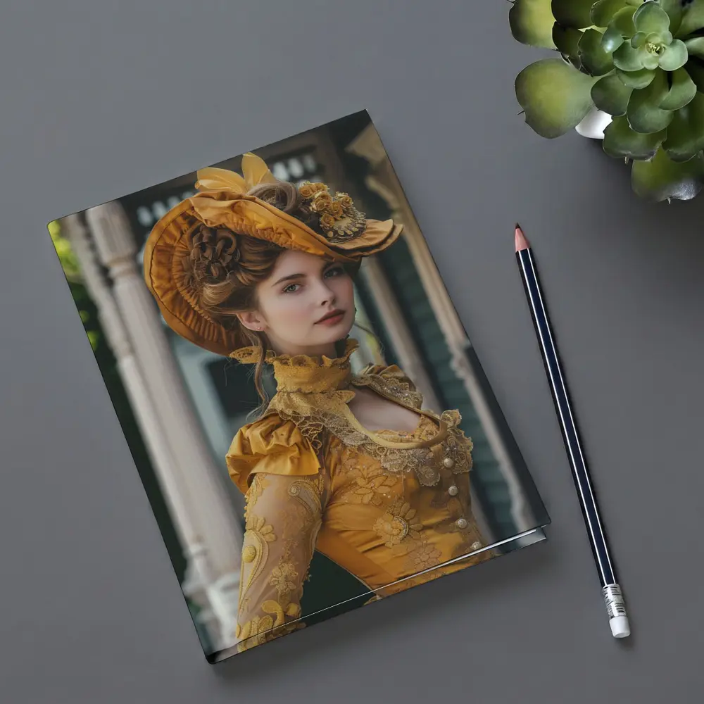 Victorian Woman Gold Dress Ornate Hat – Notebooks