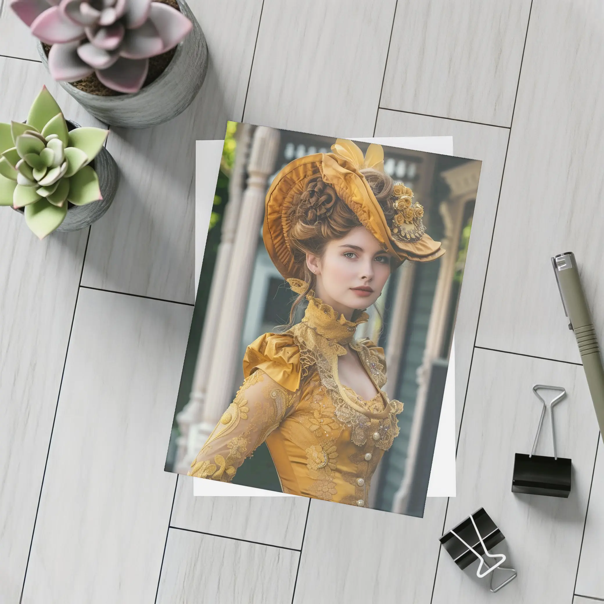 Victorian Woman Gold Dress Ornate Hat – Postcards
