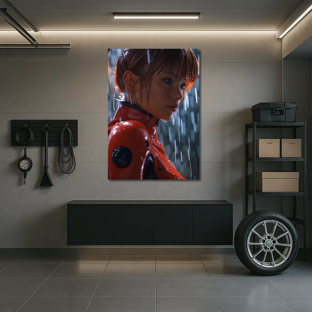 Anime Girl Red Suit Rainy Night – Wall Art