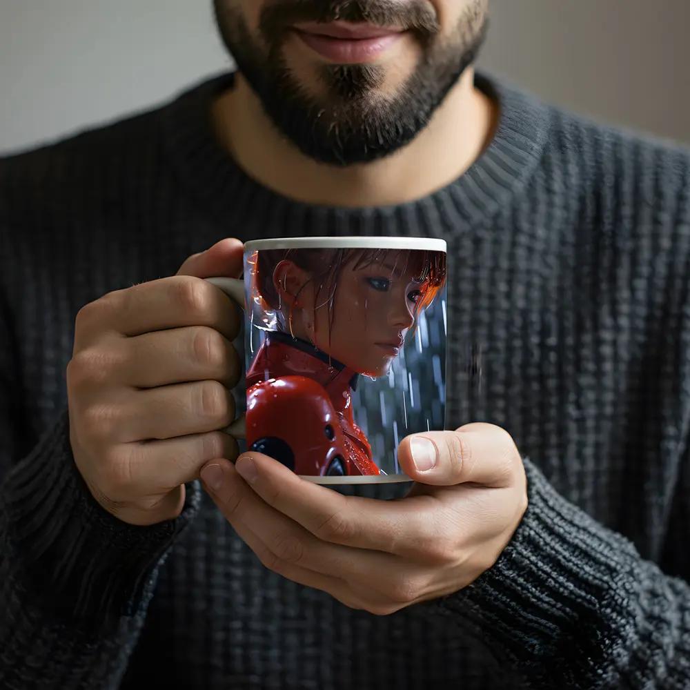 Anime Girl Red Suit Rainy Night – Mugs