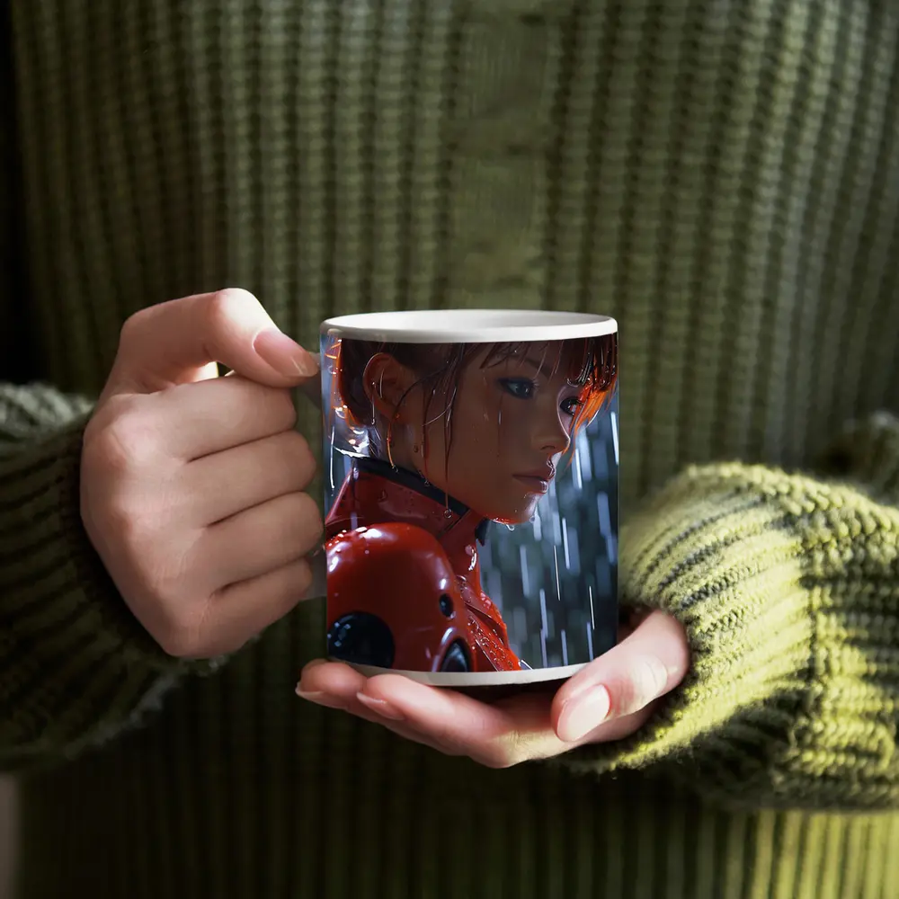 Anime Girl Red Suit Rainy Night – Mugs