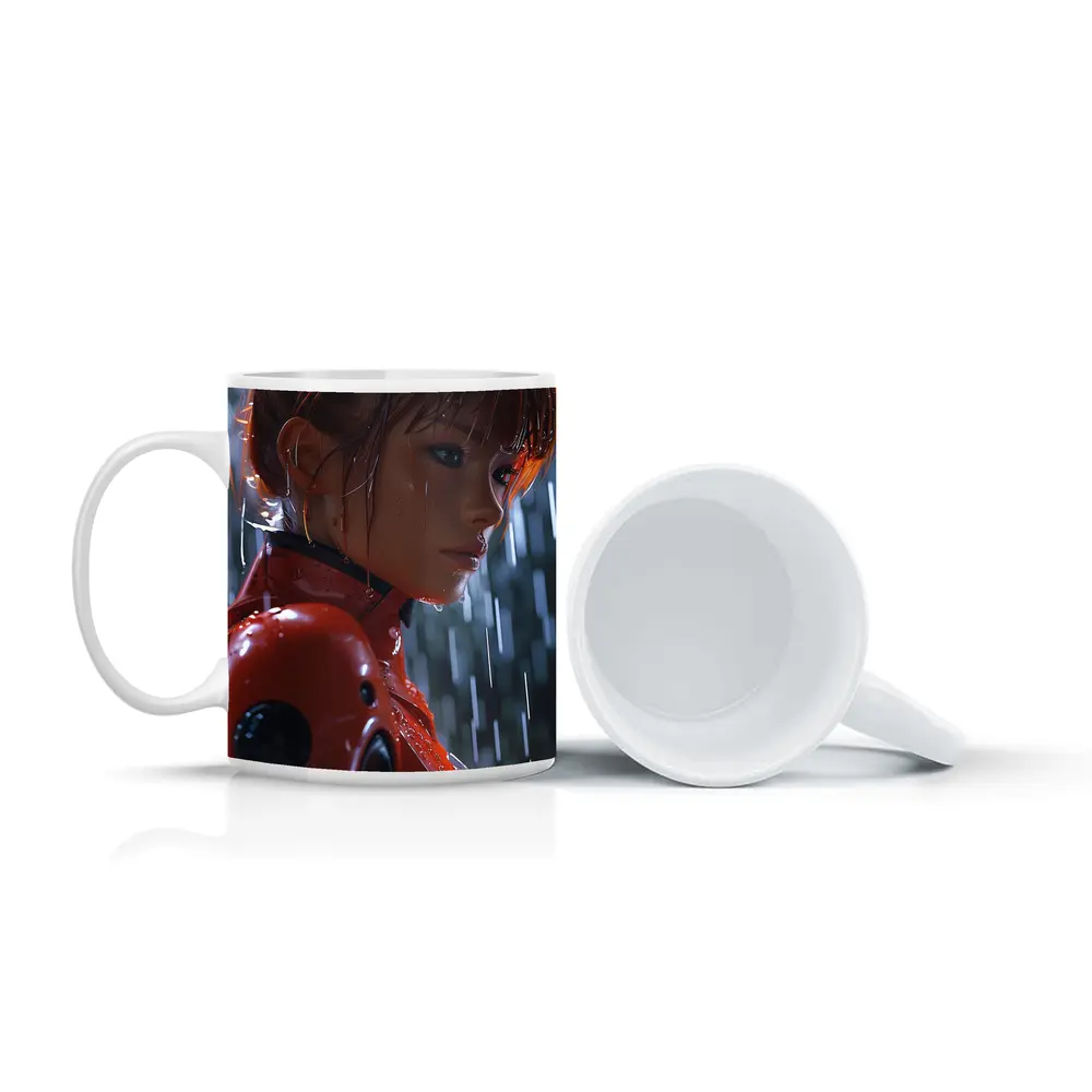 Anime Girl Red Suit Rainy Night – Mugs