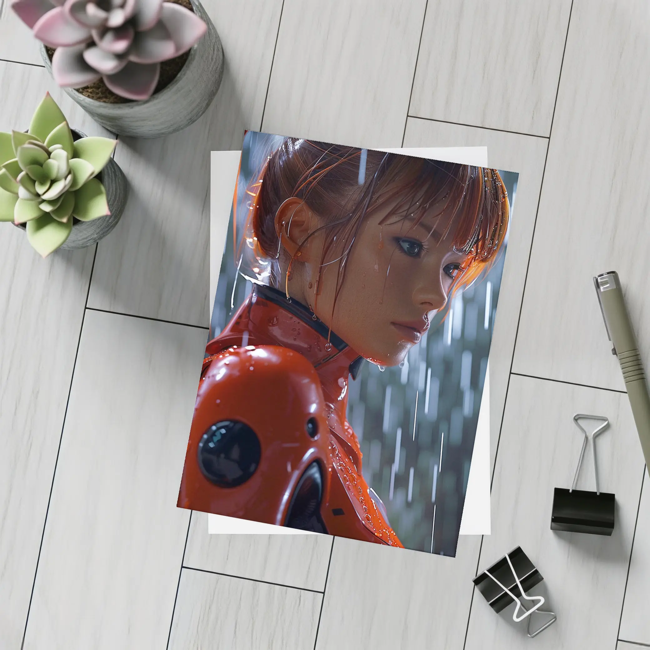 Anime Girl Red Suit Rainy Night – Postcards