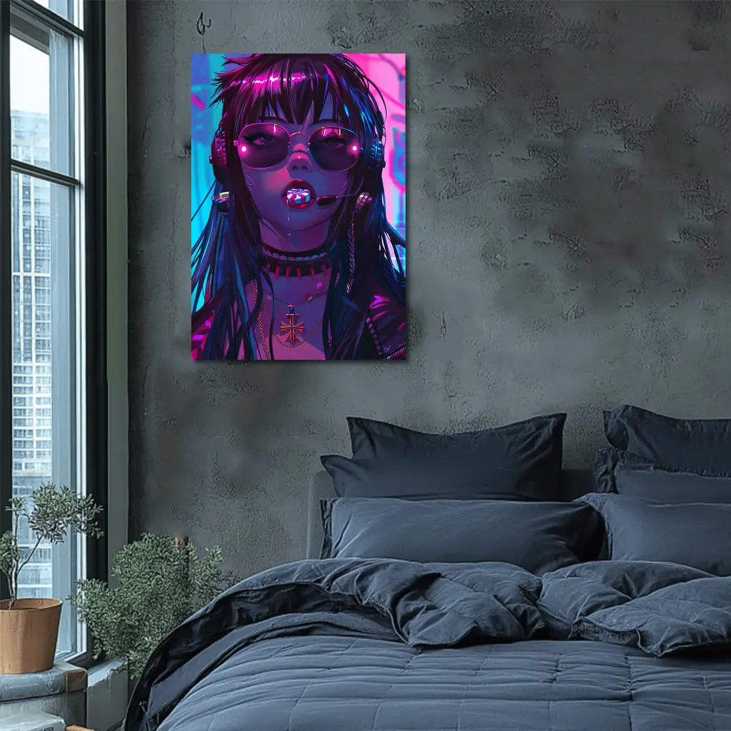 Cyberpunk Anime Girl Neon City Night – Wall Art