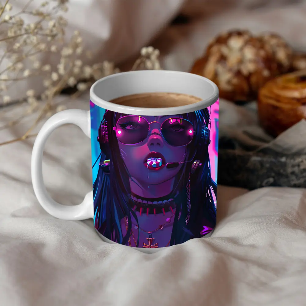 Cyberpunk Anime Girl Neon City Night – Mugs