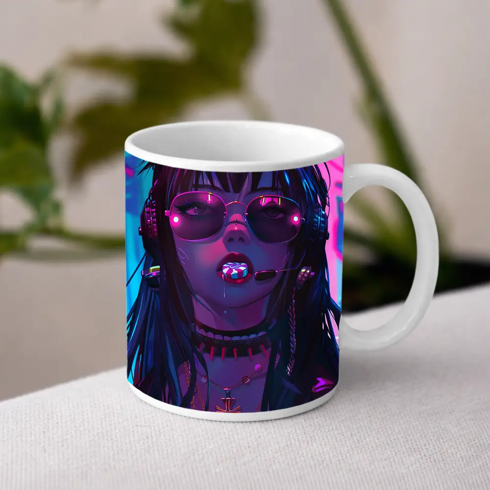 Cyberpunk Anime Girl Neon City Night – Mugs