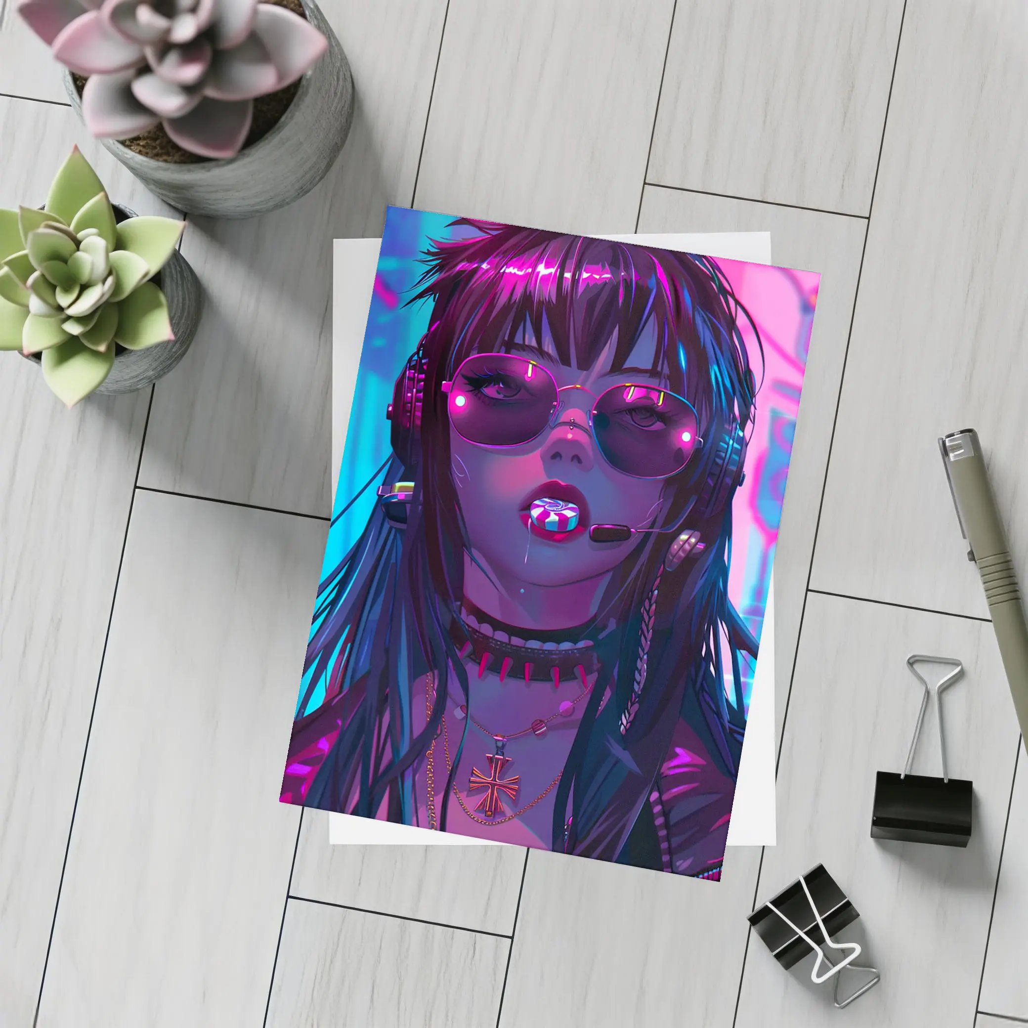 Cyberpunk Anime Girl Neon City Night – Postcards