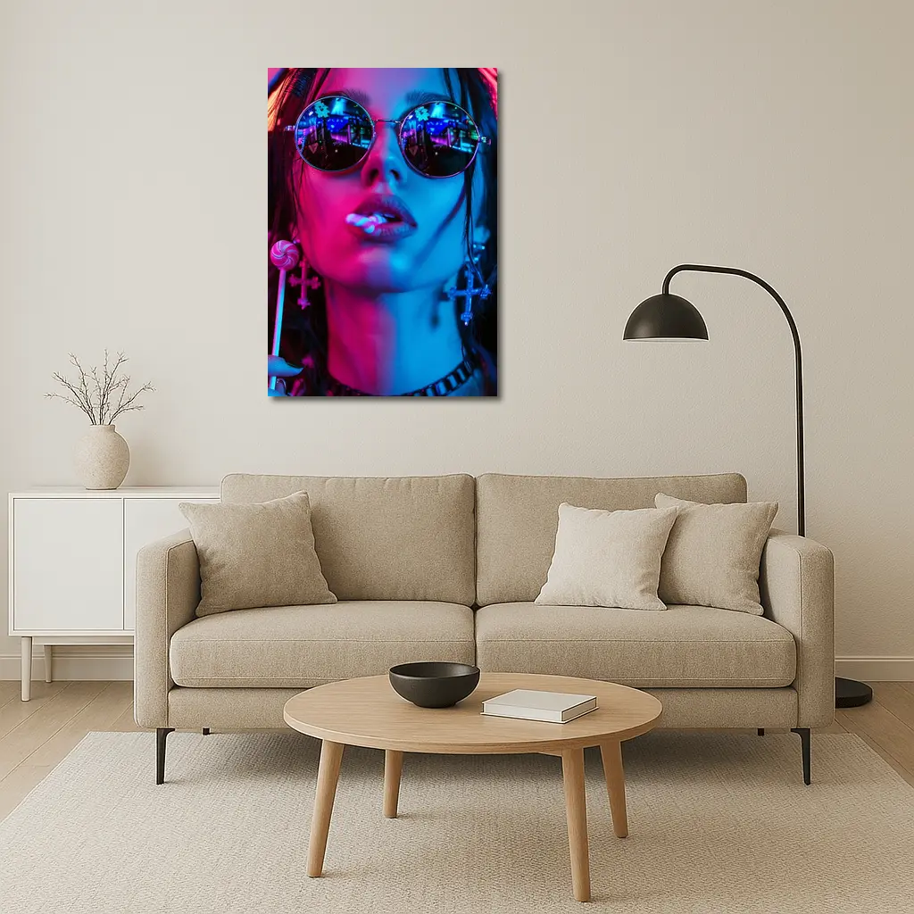 Neon Lit Woman Round Sunglasses Cyberpunk Style – Wall Art