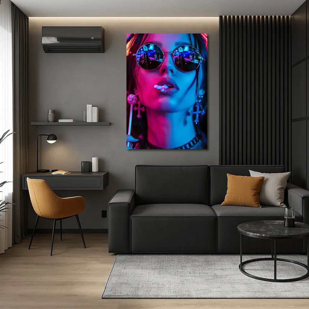Neon Lit Woman Round Sunglasses Cyberpunk Style – Wall Art