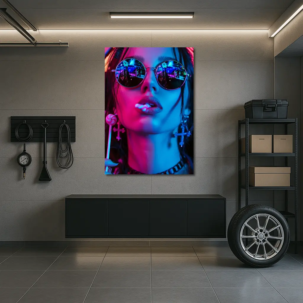 Neon Lit Woman Round Sunglasses Cyberpunk Style – Wall Art