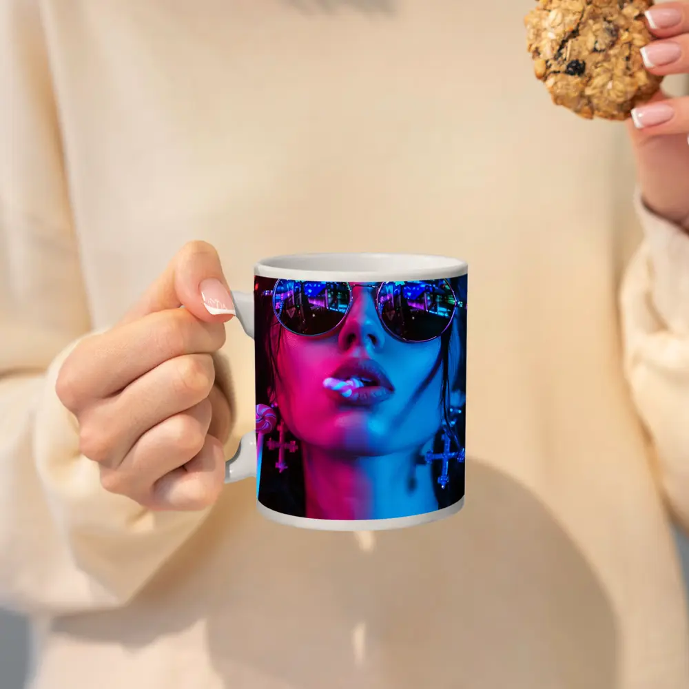 Neon Lit Woman Round Sunglasses Cyberpunk Style – Mugs