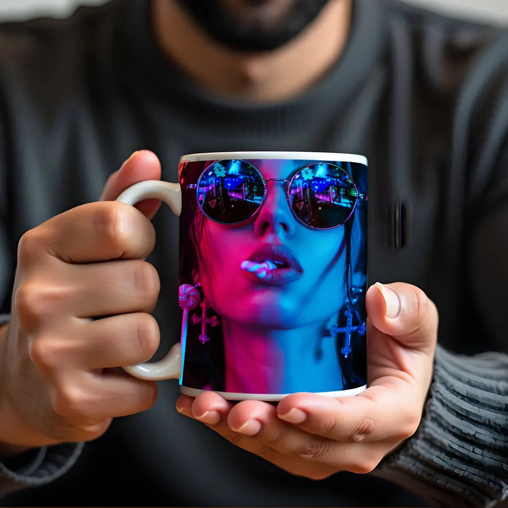 Neon Lit Woman Round Sunglasses Cyberpunk Style – Mugs