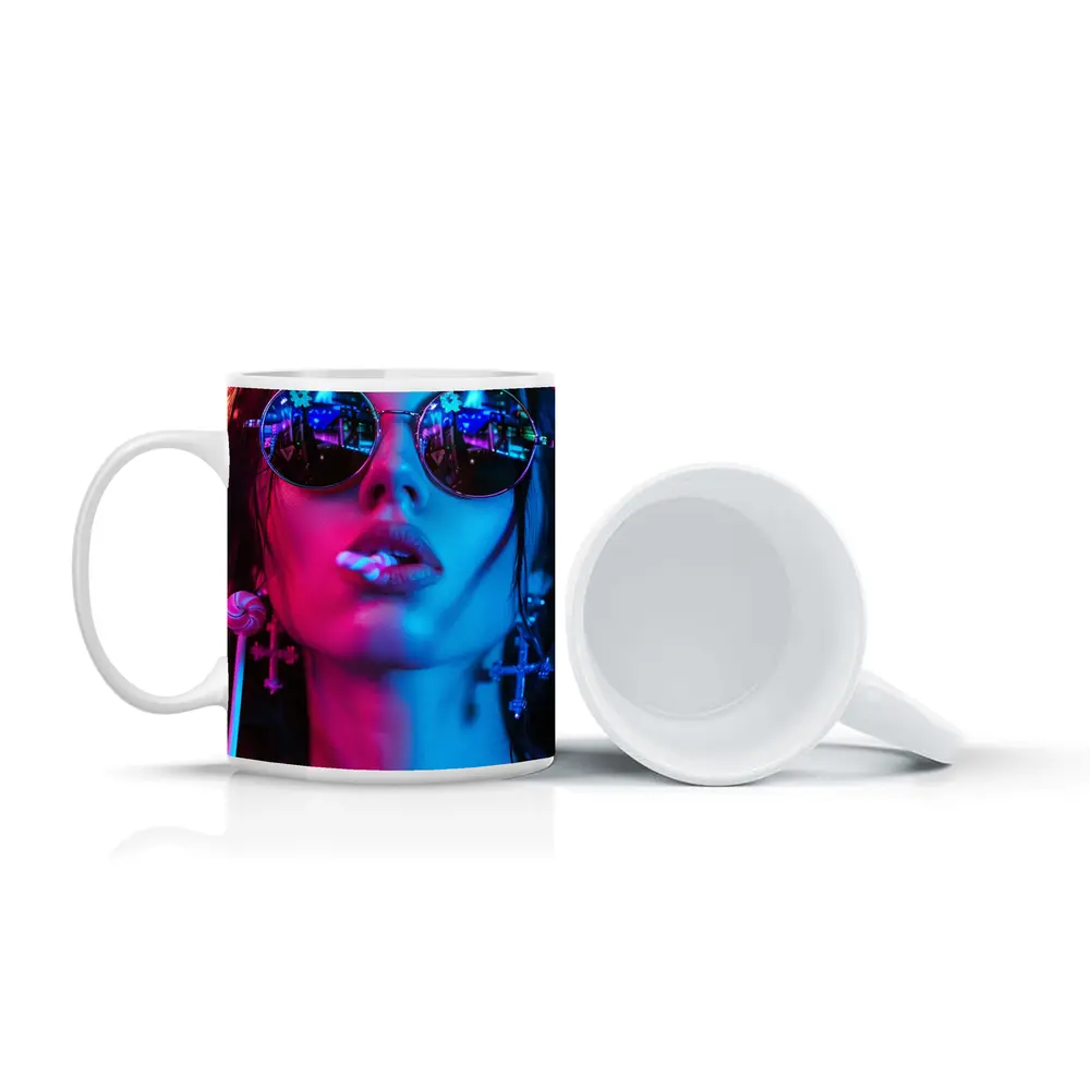 Neon Lit Woman Round Sunglasses Cyberpunk Style – Mugs