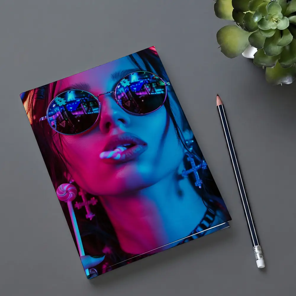 Neon Lit Woman Round Sunglasses Cyberpunk Style – Notebooks