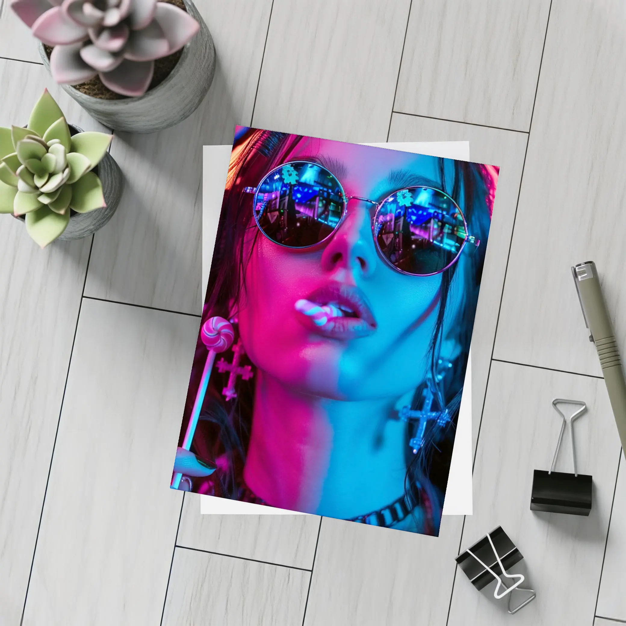 Neon Lit Woman Round Sunglasses Cyberpunk Style – Postcards
