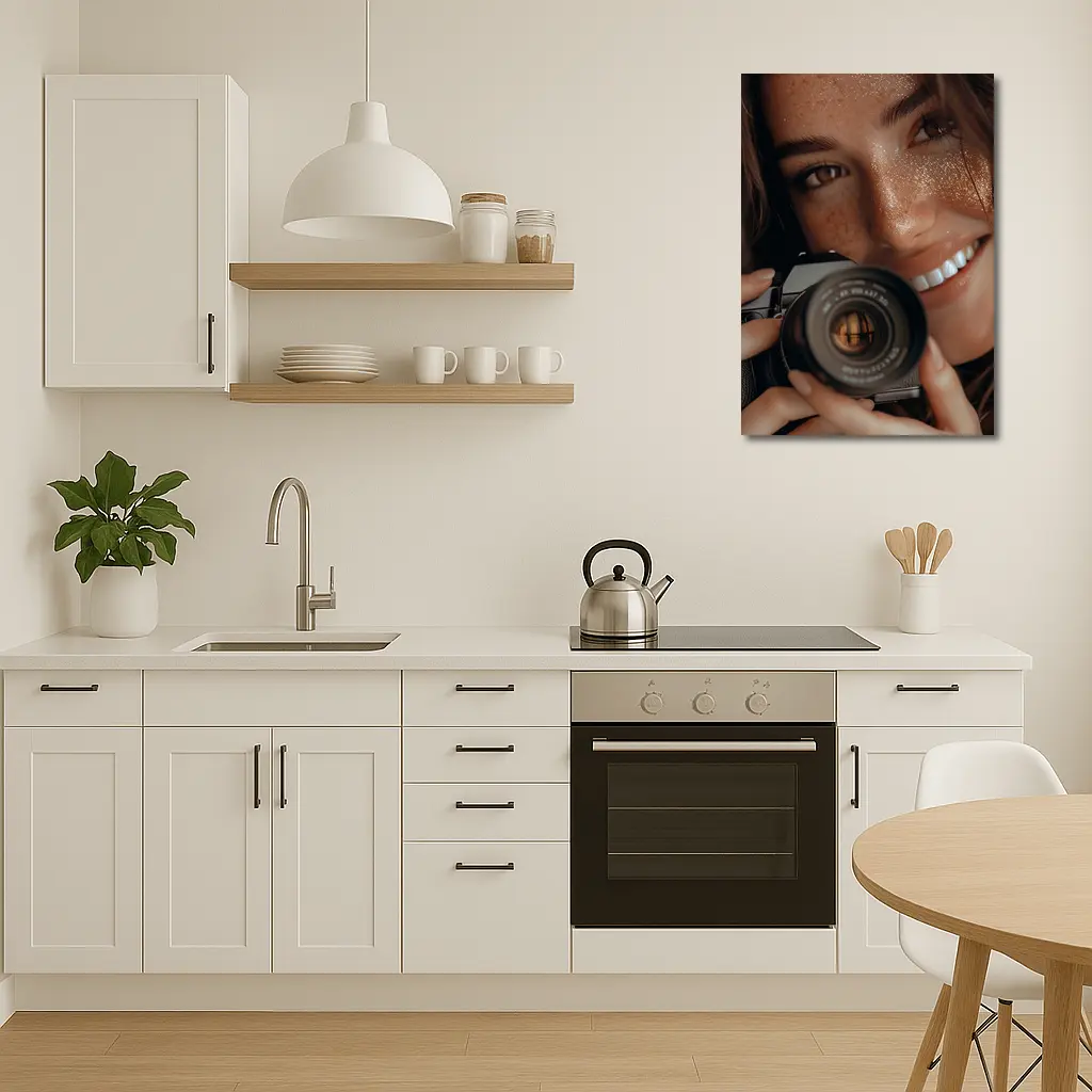 Smiling Woman Holding Camera Close Up – Wall Art