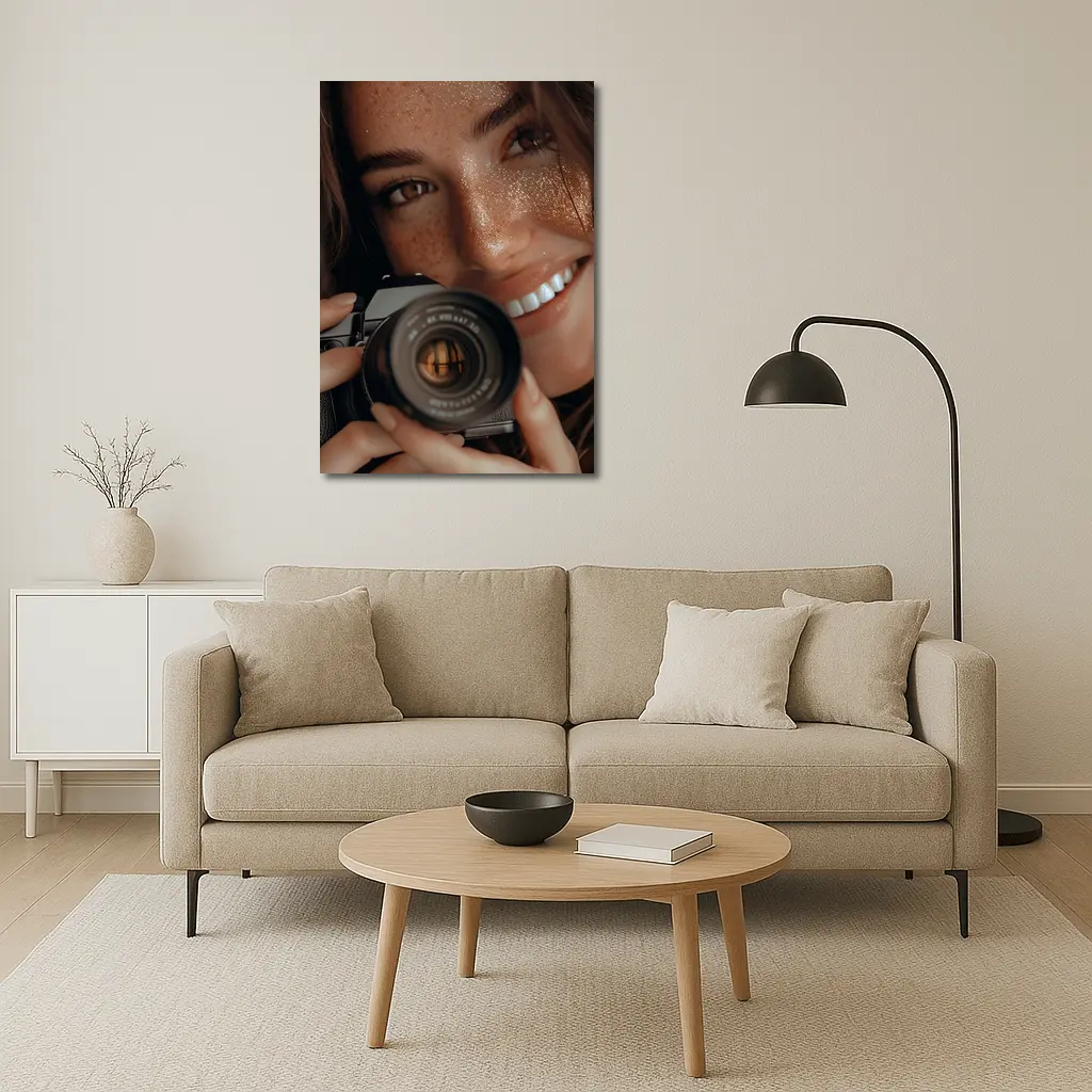 Smiling Woman Holding Camera Close Up – Wall Art