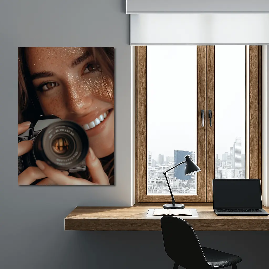 Smiling Woman Holding Camera Close Up – Wall Art