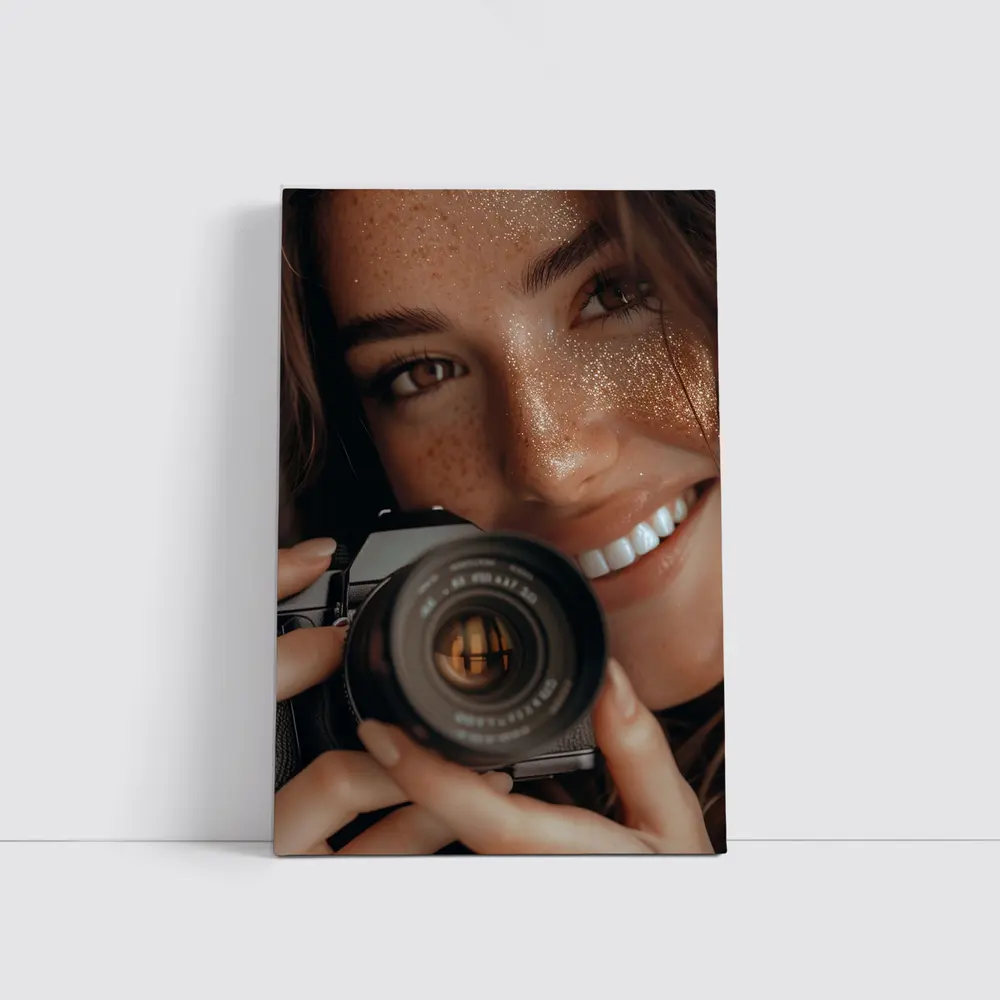 Smiling Woman Holding Camera Close Up – Wall Art