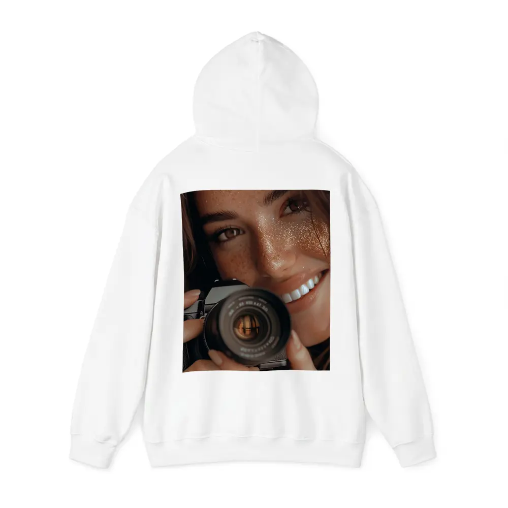 Smiling Woman Holding Camera Close Up – Hoodies
