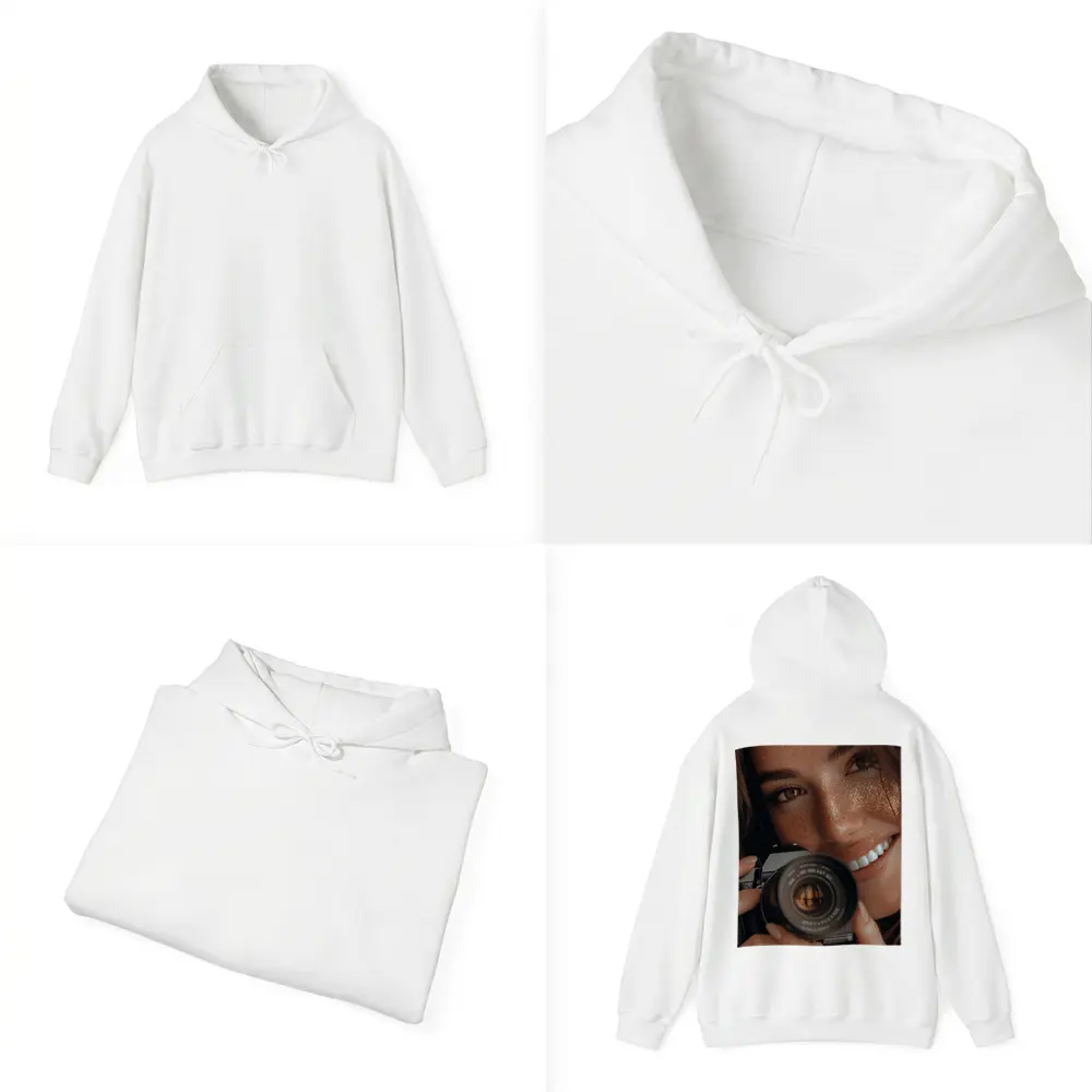 Smiling Woman Holding Camera Close Up – Hoodies