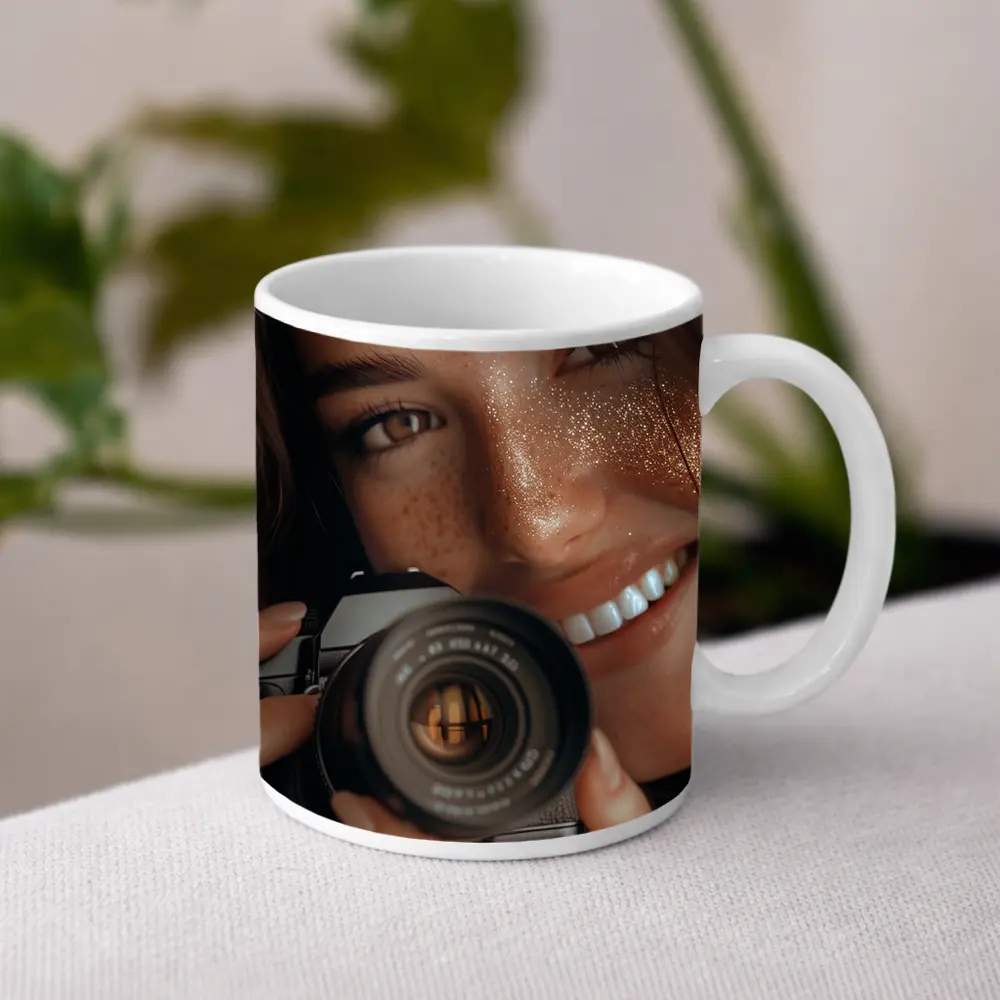 Smiling Woman Holding Camera Close Up – Mugs
