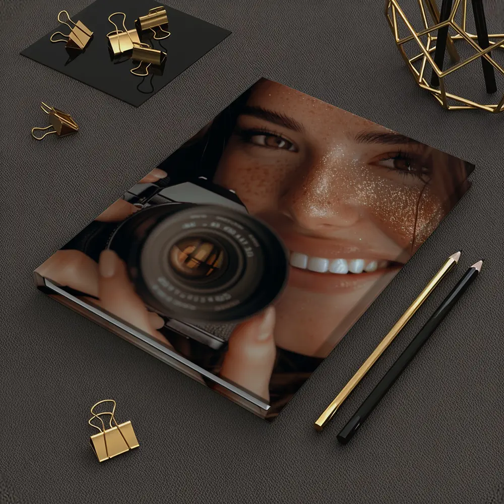 Smiling Woman Holding Camera Close Up – Notebooks